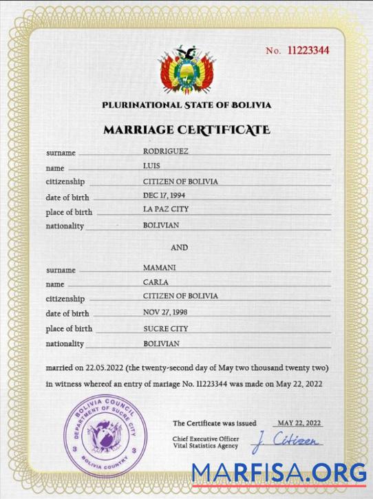 Blank Bolivia marriage certificate template